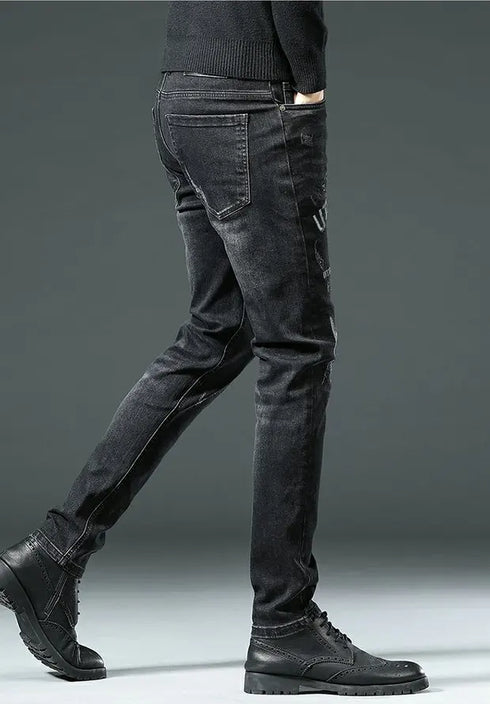 Slim Fit Korean Streetwear Graphical Printed Luxury Hip-Hop Stretch Denim Jeans for Men - Perfect Medium Wash Jeans Outfit